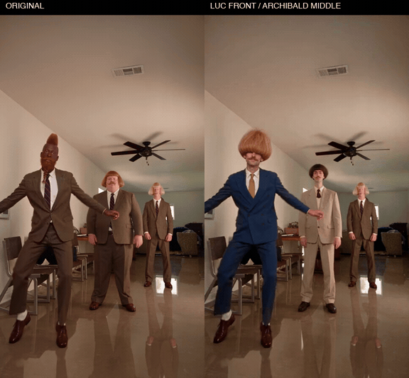 Animated source-versus-Seedance indoor trio: the front dancer becomes Luc Beau, the middle becomes Archibald, and the rear Jean Phil remains recognizable