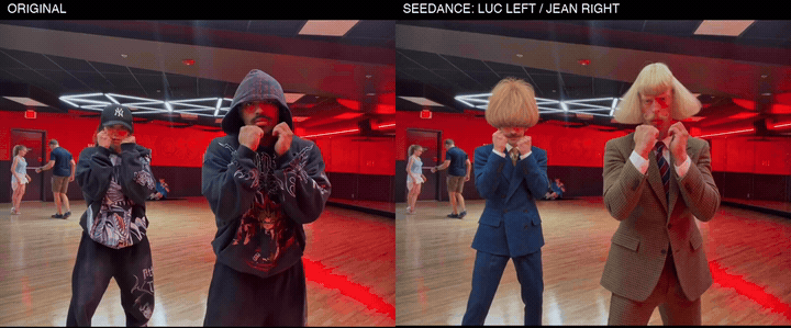Animated source-versus-Seedance comparison: two boxers in a red gym become Luc Beau in blue and Jean Phil in brown