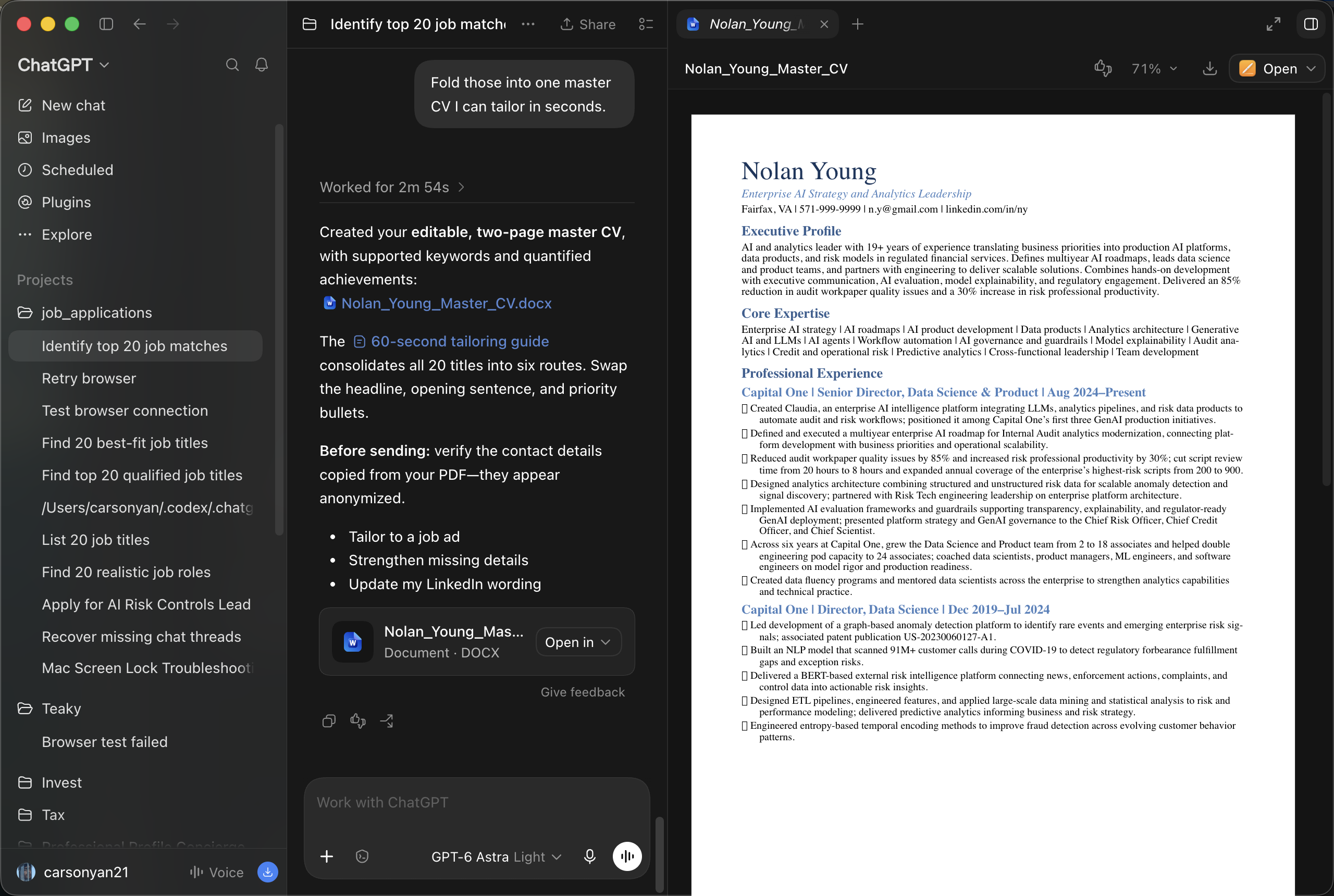 Split view: the prompt on the left, the generated two-page master CV document on the right.