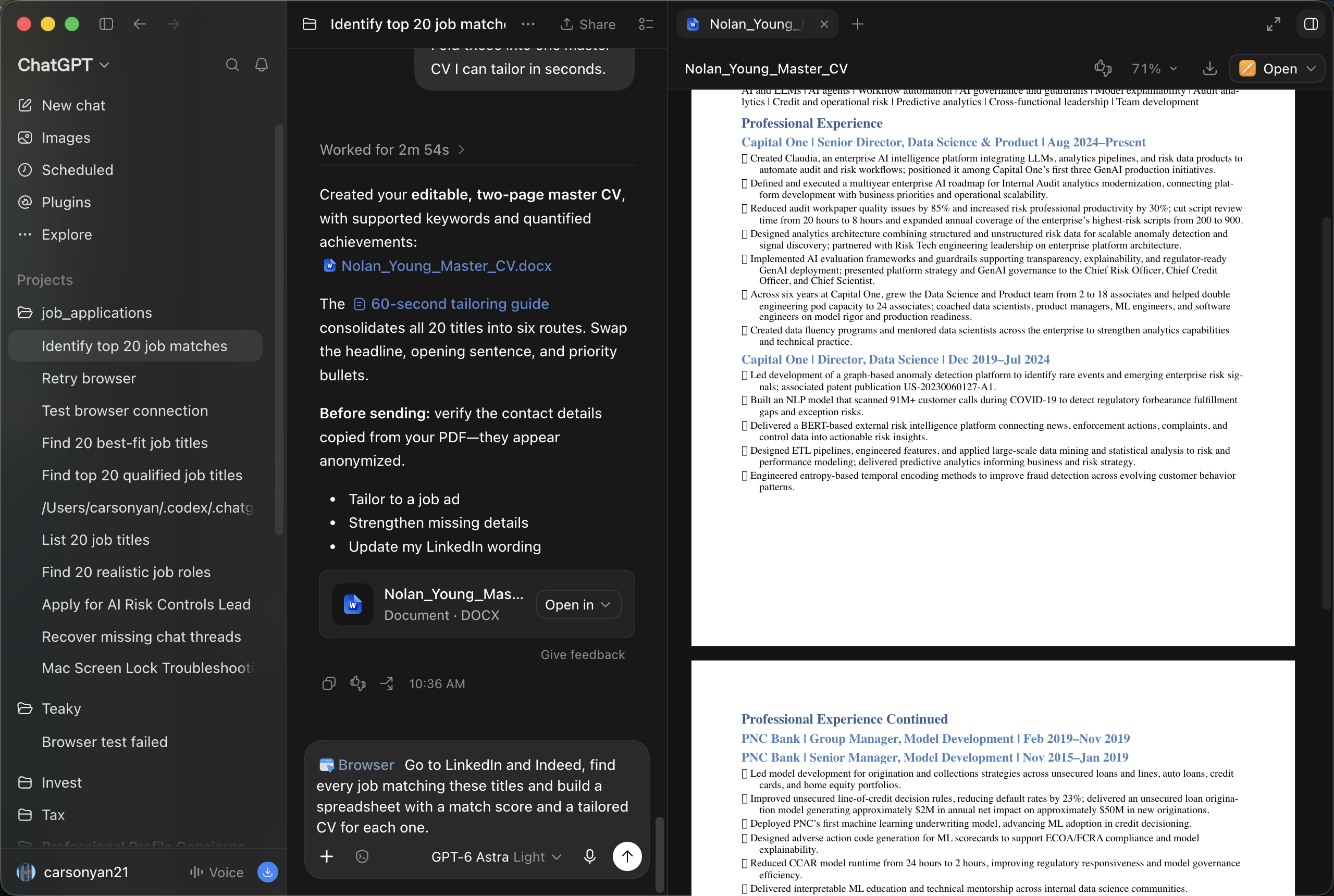 The updated search prompt in the composer with the Browser tool selected; the master CV is open alongside it.