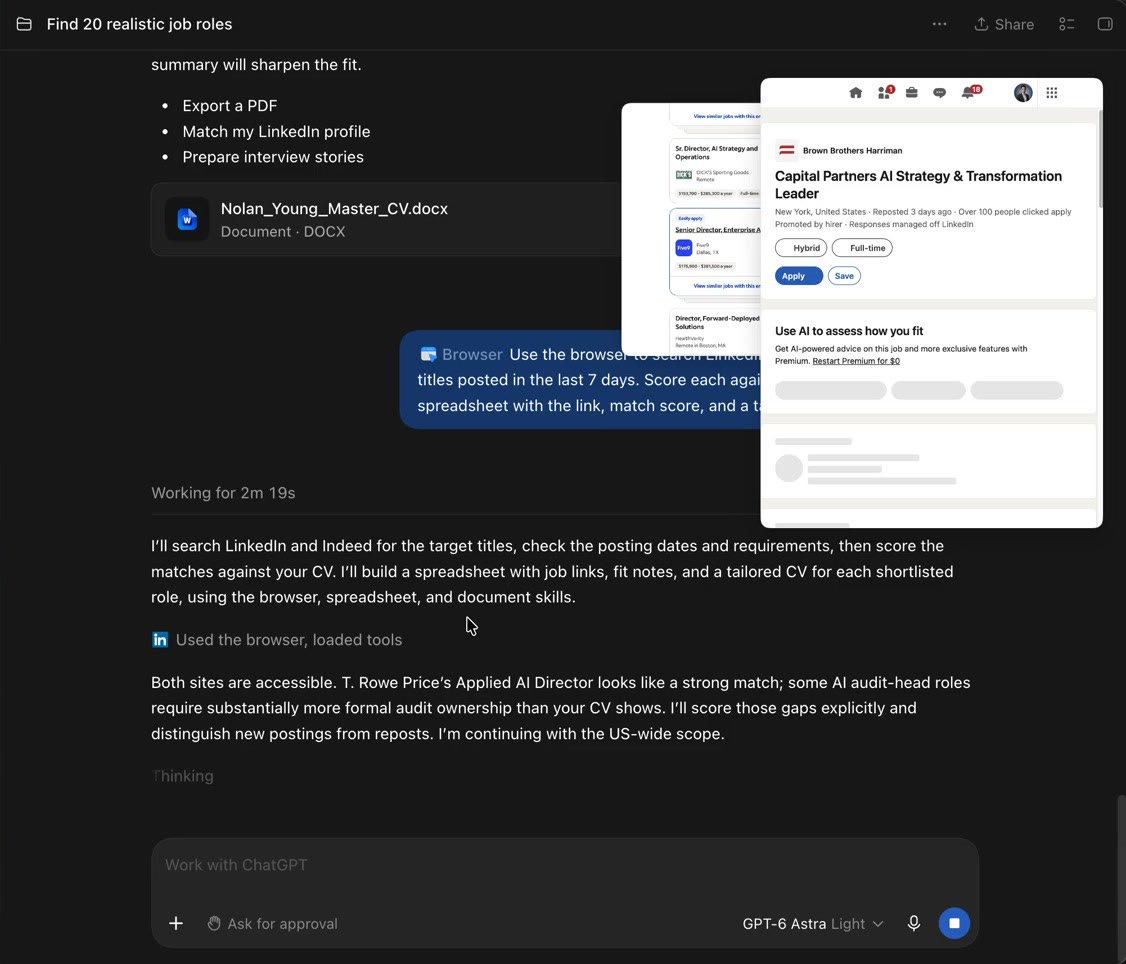 An actual LinkedIn job posting open beside ChatGPT, ready to review before applying.