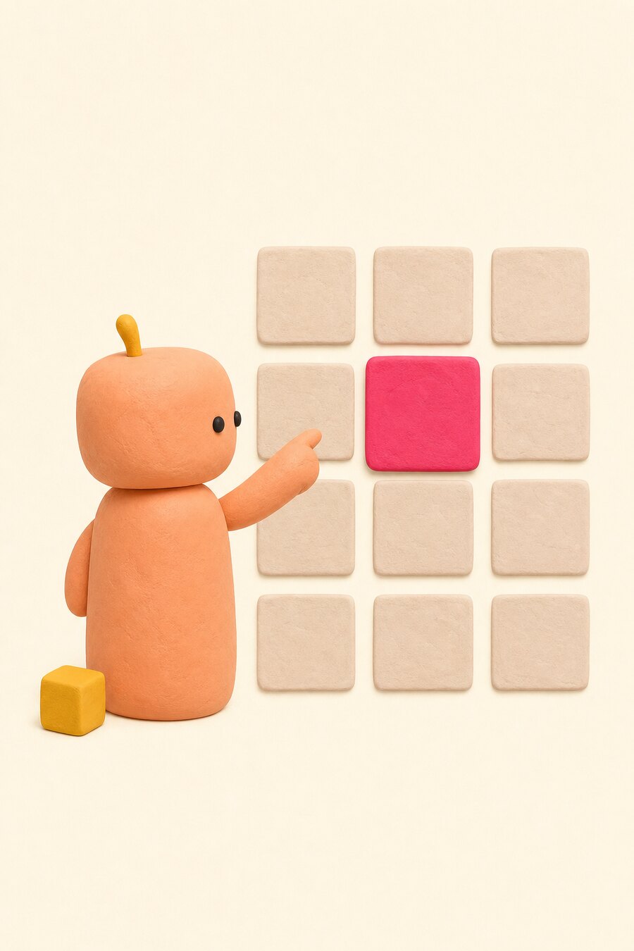 A clay figure reaching for one highlighted tile in a grid of plain ones.