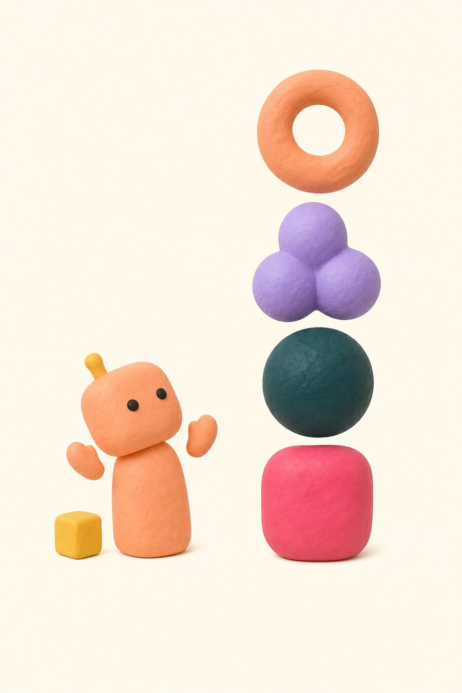 A clay figure beside a stack of four coloured shapes.